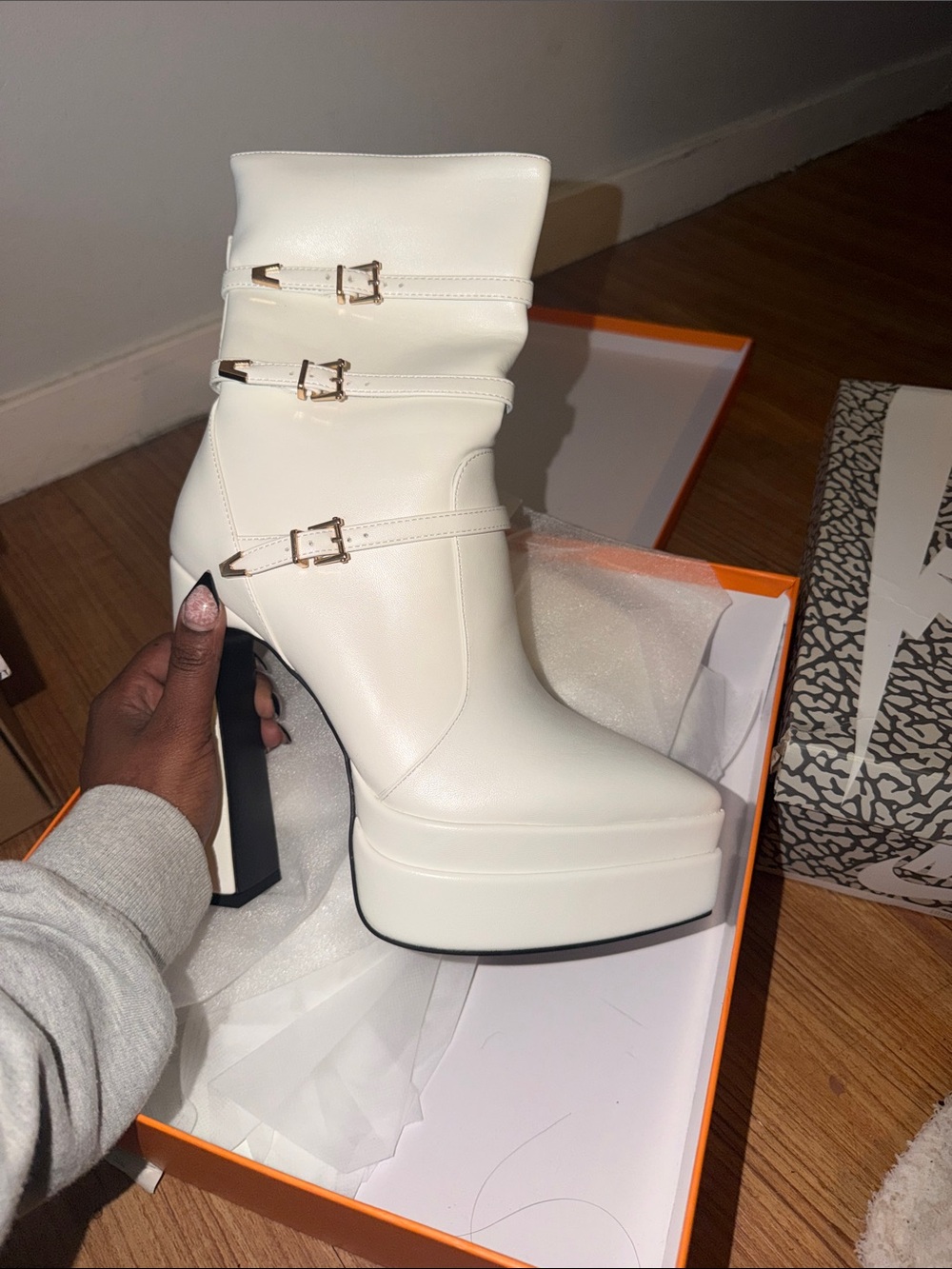 White Platform Ankle Boots with Buckle Straps